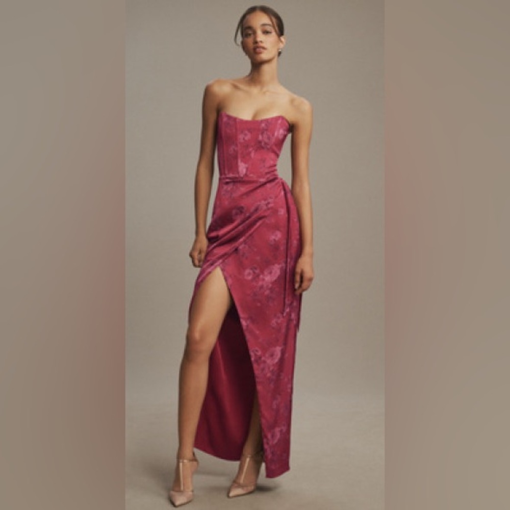 V. Chapman Strapless Floral Satin Gown in Berry